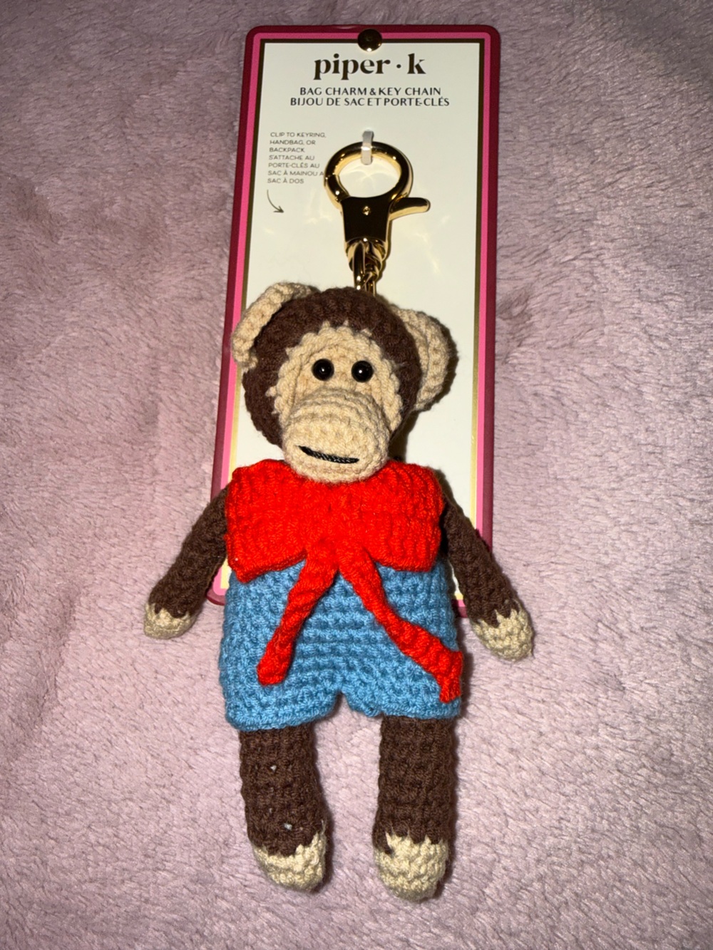 🐒 Piper K Crochet Monkey Toy Keychain and Bag Charm - Red & Blue